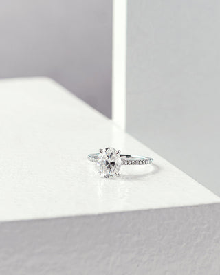 18 Karat Celine Oval Moissanite Engagement Ring with Accented Natural Diamonds (Not Elongated)